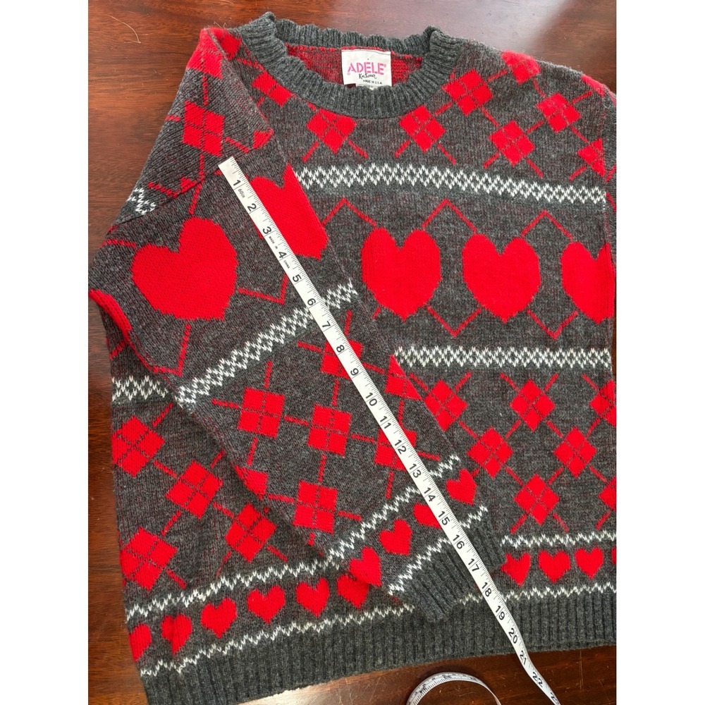 Adele Womens‎ Vintage 80s Argyle Heart Sweater Red Gray M Retro Crew Neck - Picture 6 of 7